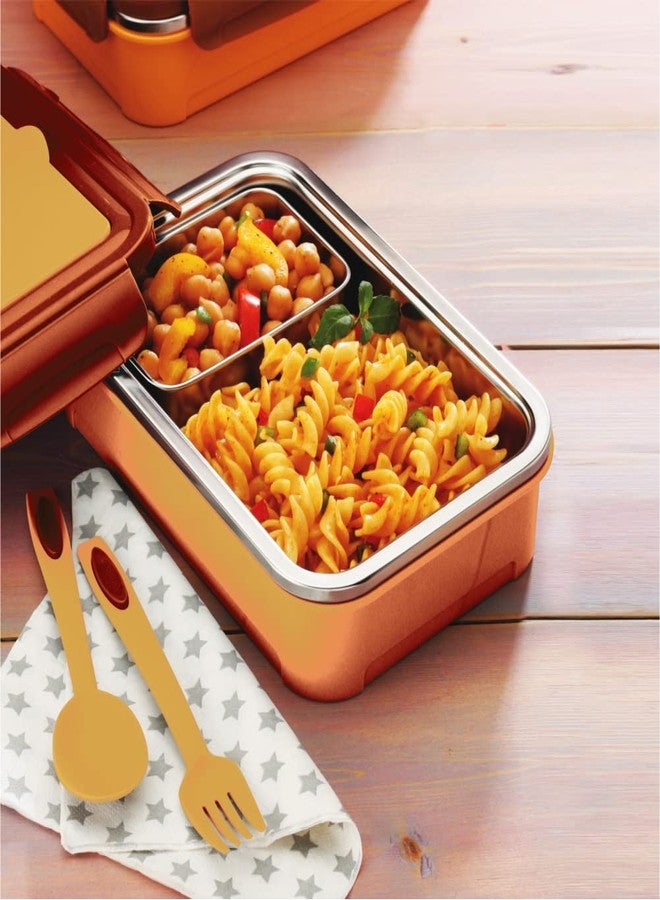 DUBBLIN Buffet Stainless Steel Lunch Box Insulated Airtight Spill Proof with Spoon, Fork & mini sabzi Container Inside, 850 ml, Yellow - Image 5